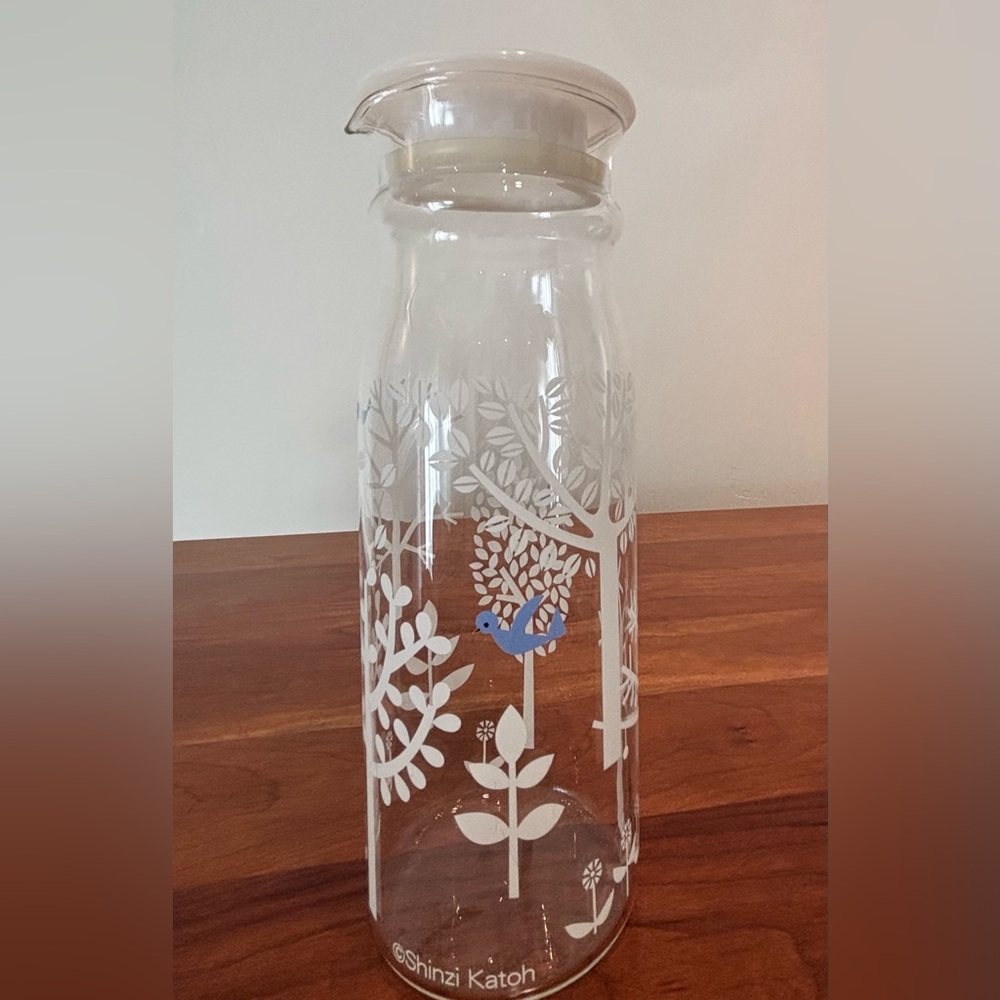 Shinzi Katoh Glass Pitcher with white trees and bluebirds